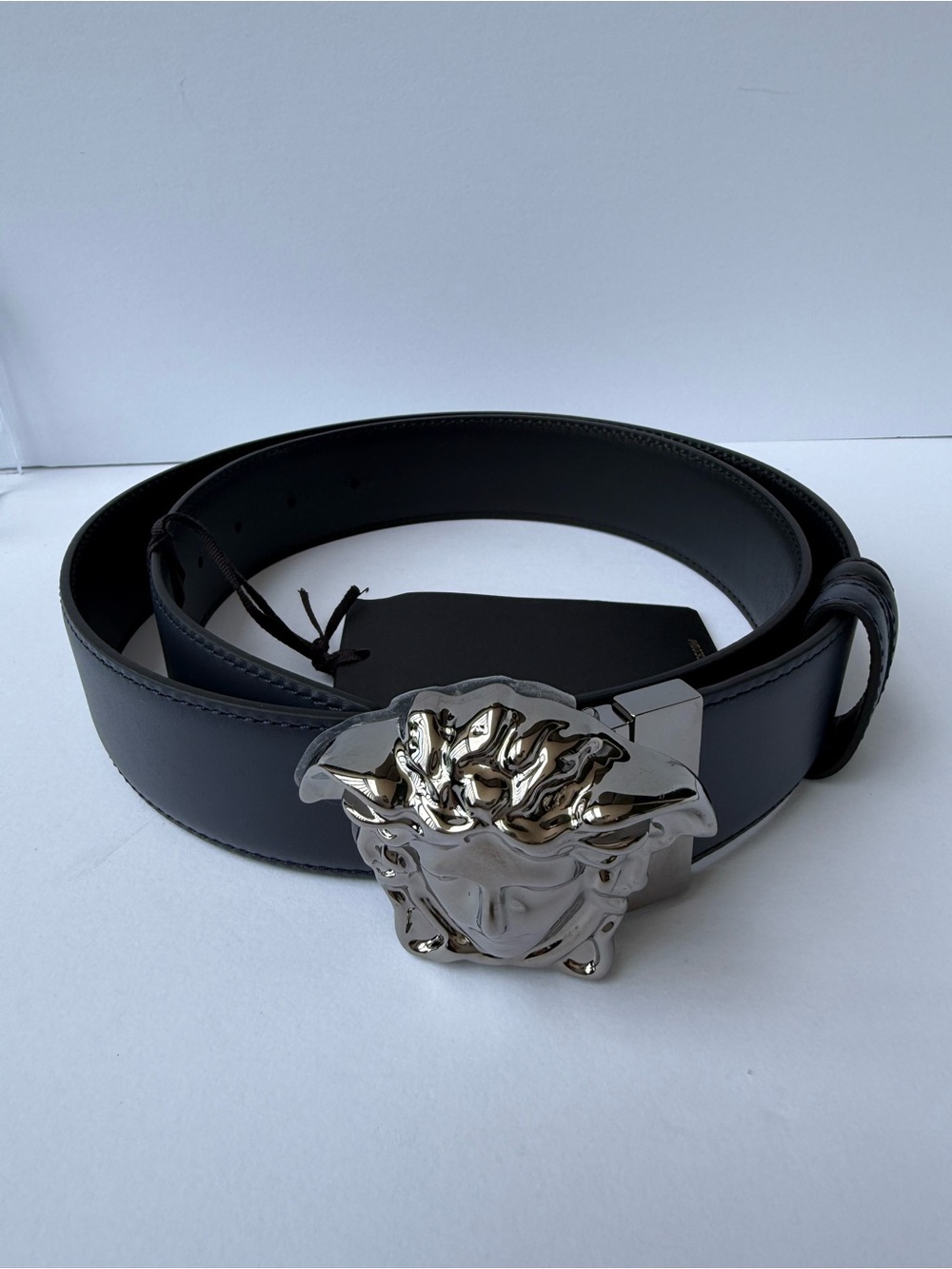 NWT Versace Black/Blue Leather Belt with Silver Medusa Head Buckle- 95/38
